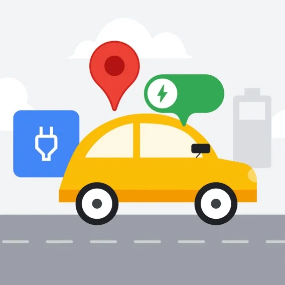 Illustration of a yellow car with an EV charging icon, a Google Maps red pin icon and a green charge icon.