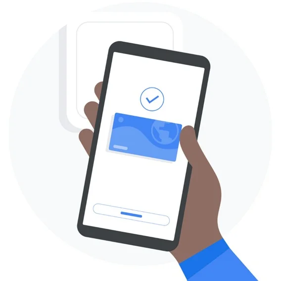 Illustration of a hand holding a phone with Google Wallet on the screen.