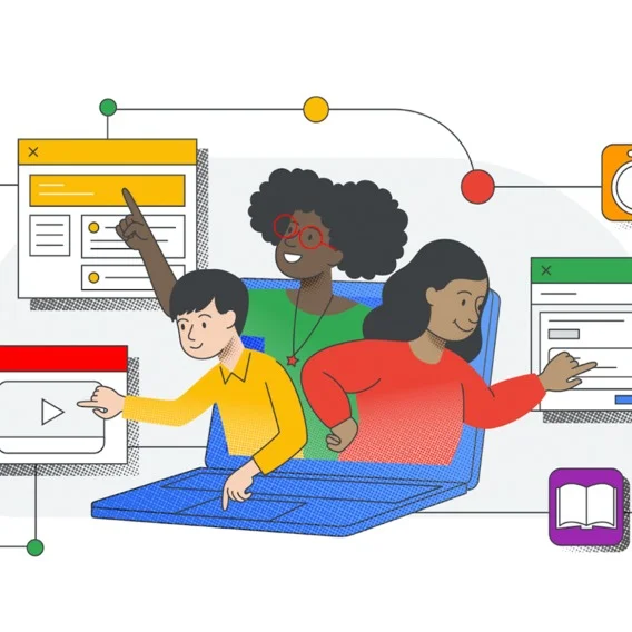 Illustration of three kids popping out of a laptop pointing at webpage and app icons.