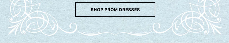 Light blue textured banner with white decorative swirls and a black-bordered box with "SHOP PROM DRESSES" text. Click to find your perfect prom gown.