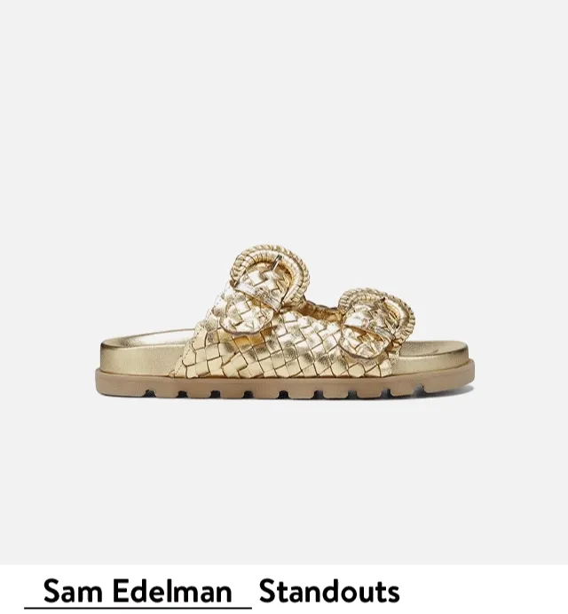 A metallic Sam Edelman slide, an UGG sandal with a braided platform, a Dolce Vita sandal with woven straps and a Steve Madden sandal with a woven platform.
