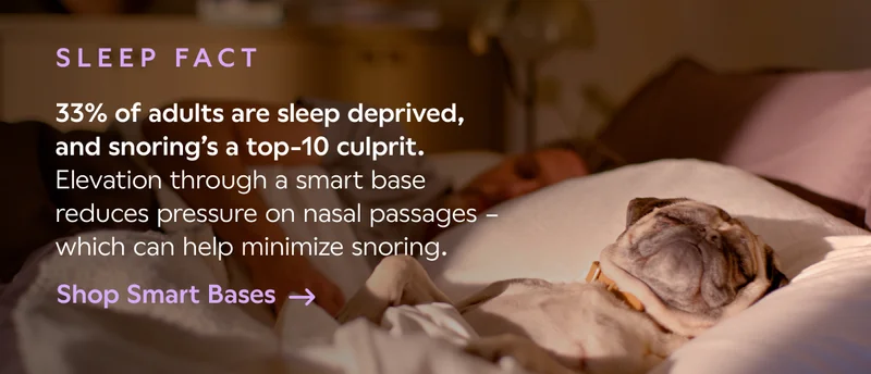 SLEEP FACT. 33% of adults are sleep deprived, and snoring's a top-10 culprit. Elevation through a smart base reduces pressure on nasal passages - which can help minimize snoring. Shop Smart Bases