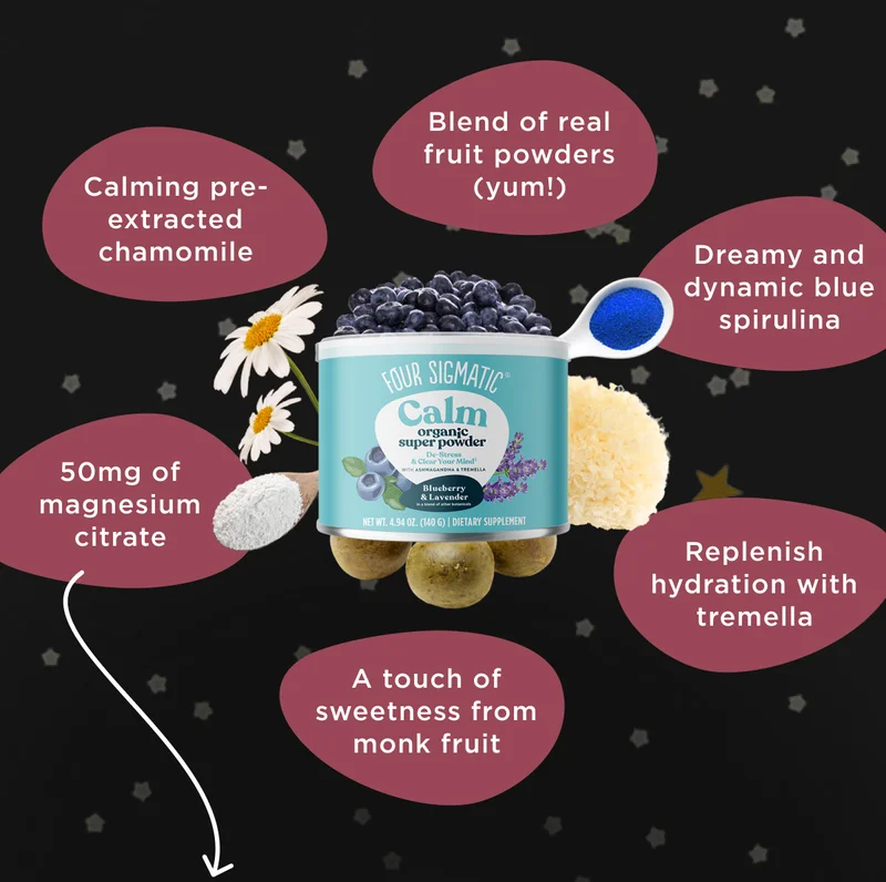 Calming pre-extracted chamomile, blend of real fruit powders (yum!), dreamy and dynamic blue spirulina, replenish hydration with tremella, a touch of sweetness from monk fruit, 50mg of magnesium citrate