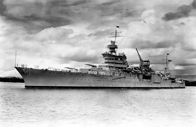 The U.S.S. Indianapolis at port in Pearl Harbor, Hawaii, circa 1937. The sinking of the warship is considered one of the worst tragedies in U.S. Naval history: 879 men lost their lives while the survivors suffered for four days and five nights until they were rescued.