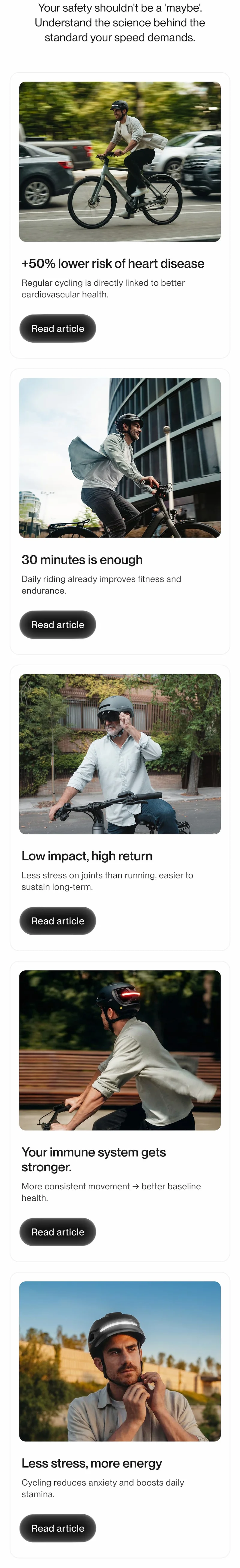 Cycling lowers heart disease risk, boosts fitness and immunity, and reduces stress.
