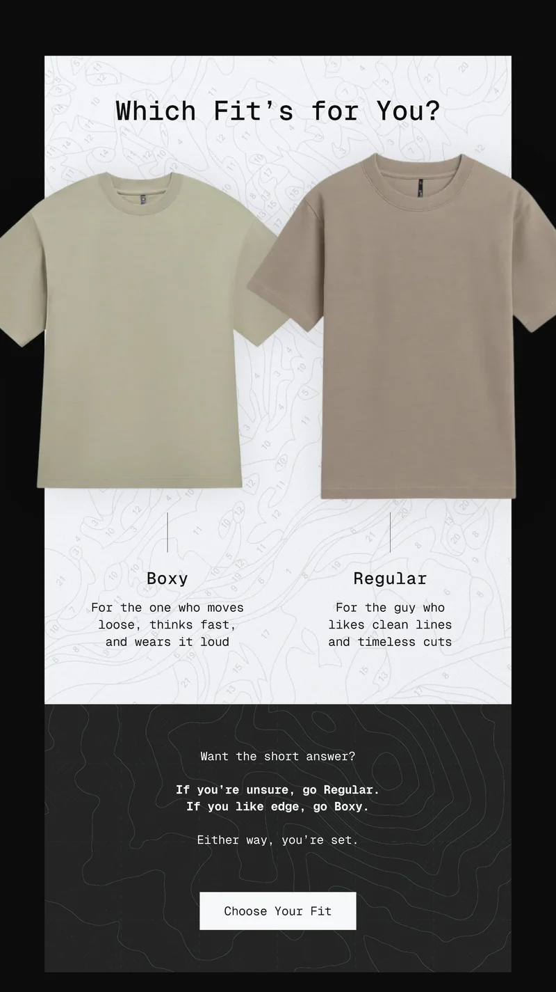 Regular: For the guy who likes clean lines and timeless cuts Boxy: For the one who moves loose, thinks fast, and wears it loud Want the short answer?  If you’re unsure, go Regular. If you like edge, go Boxy.  Either way, you’re set.