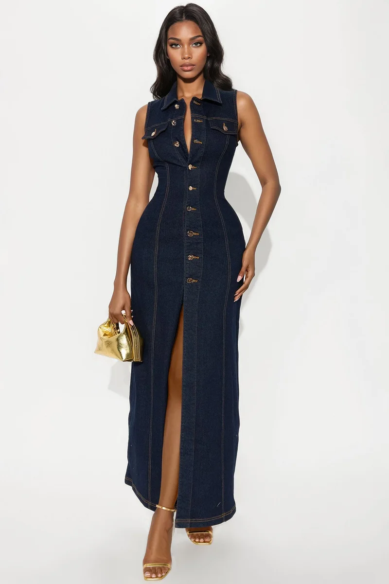 Image of Deandra Denim Stretch Maxi Dress - Dark Denim