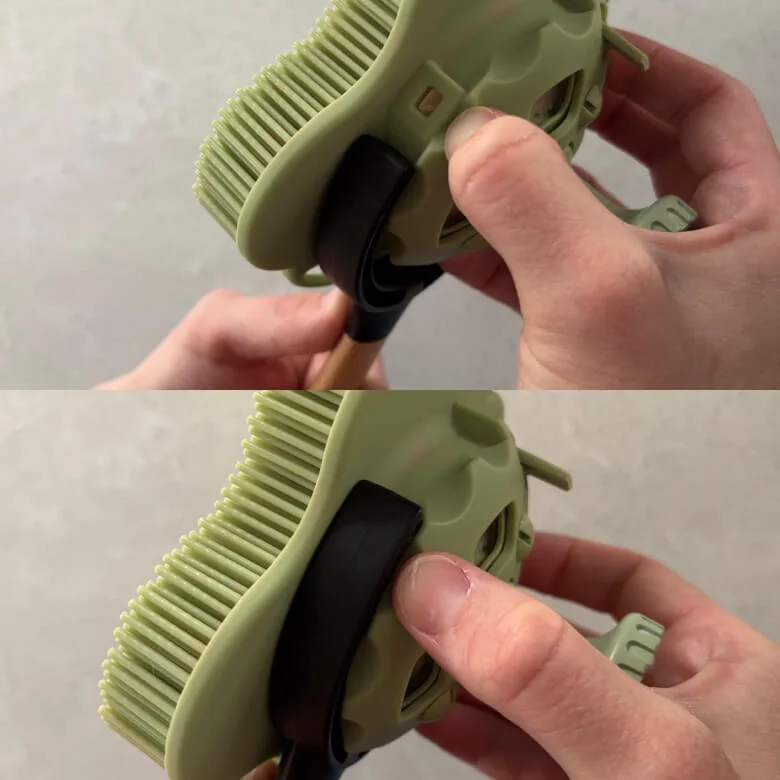 Two part image which shows the stick nearly seating with the hole, and then fully seated in place.