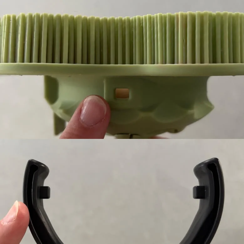 Two part image showing the hole in the smoosh and the mating nubbin on the stick.