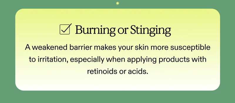 [  ] Burning or Stinging A weakened barrier makes your skin more susceptible to irritation, especially when applying products with retinoids or acids.