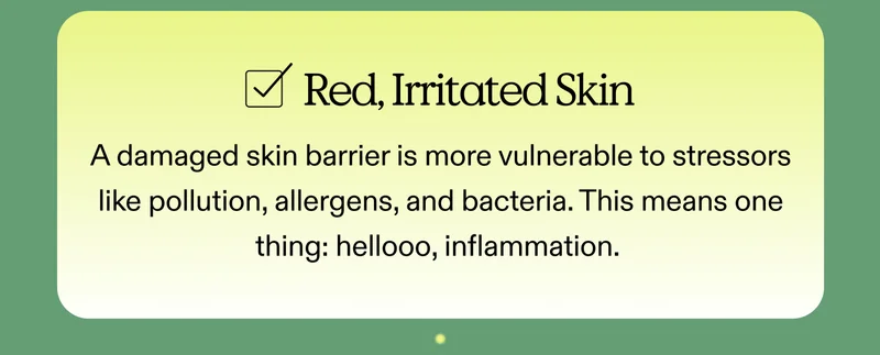 [  ] Red, Irritated Skin A damaged skin barrier is more vulnerable to stressors like pollution, allergens, and bacteria. This means one thing: hellooo, inflammation.