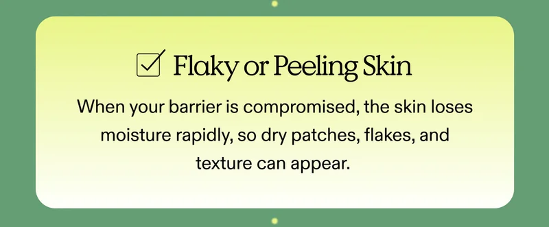 [  ] Flaky or Peeling Skin When your barrier is compromised, the skin loses moisture rapidly, so dry patches, flakes, and texture can appear.