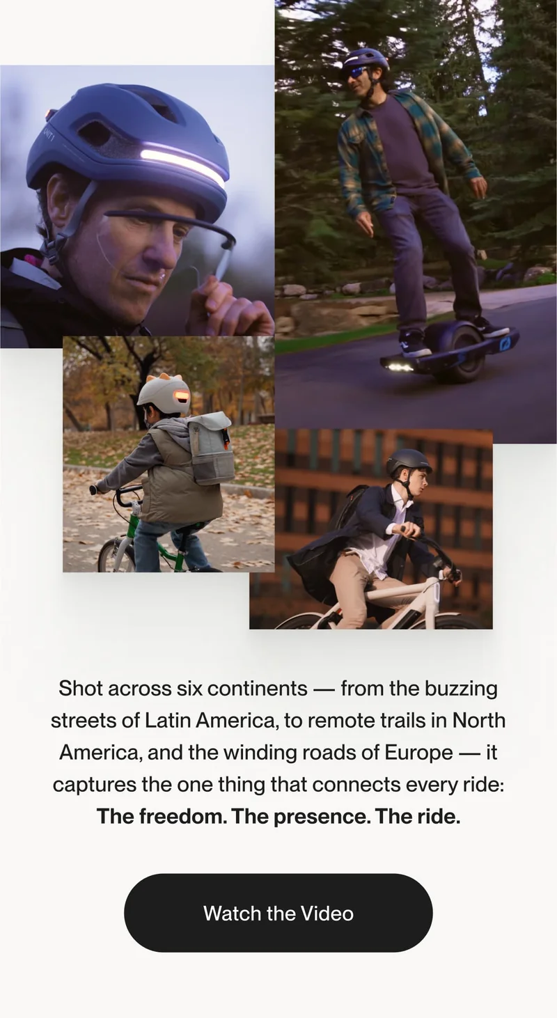 Four riders in different parts of the world commuting with UNIT 1 smart gear — including helmets and backpacks with integrated lights — showcasing a global, worry-free riding experience.