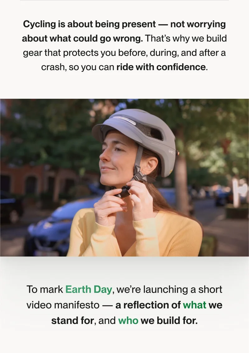 Close-up of a woman confidently fastening her UNIT 1 smart helmet strap before riding, reflecting safety, presence, and Earth Day awareness.