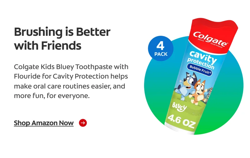 A green and blue circle featuring Colgate Kids Bluey Toothpaste. A badge indicates a 4-pack, with descriptive text shown beside it.