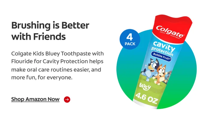 A green and blue circle featuring Colgate Kids Bluey Toothpaste. A circular badge indicates a 4-pack, with descriptive text shown beside it.
