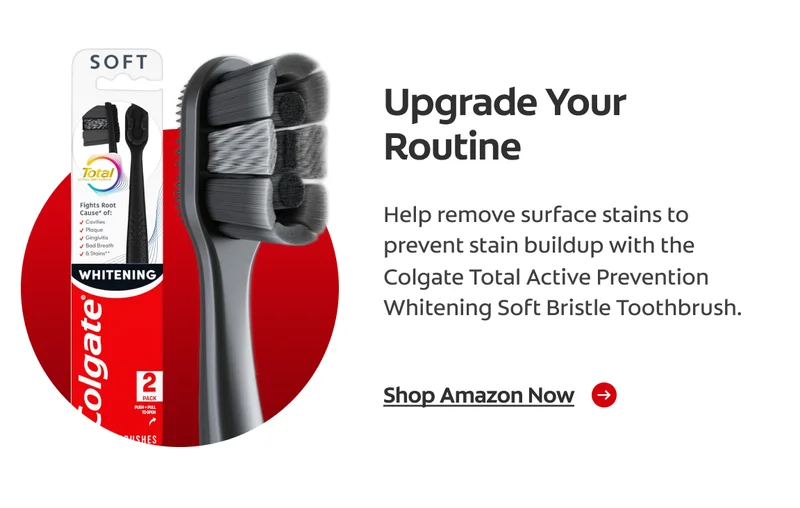 A red circle featuring a Colgate Total Active Prevention Whitening soft Bristle toothbrush inside and outside of its packaging. Text describing the toothbrush is next to it.