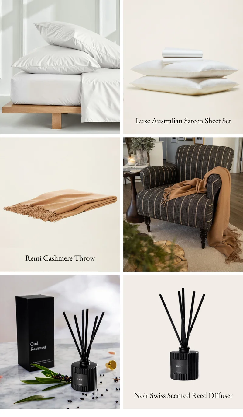 Bedding, throws, and home fragrances