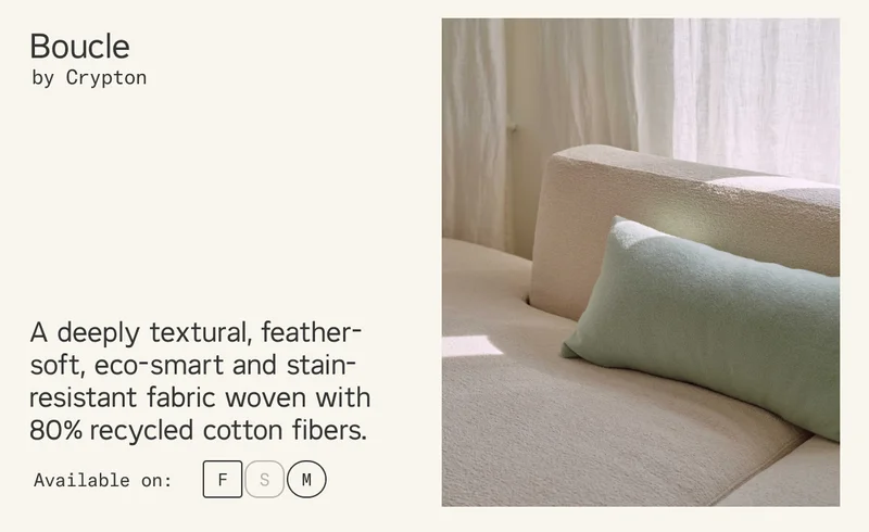 Boucle by Crypton. A deeply textural, feather-soft, eco-smart and stain-resistant fabric woven with 80% recycled cotton fibers.