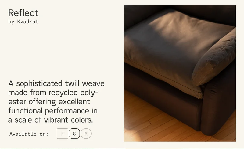 Reflect by Kvadrat. A sophisticated twill weave made from recycled poly-ester offering excellent functional performance in  a scale of vibrant colors.