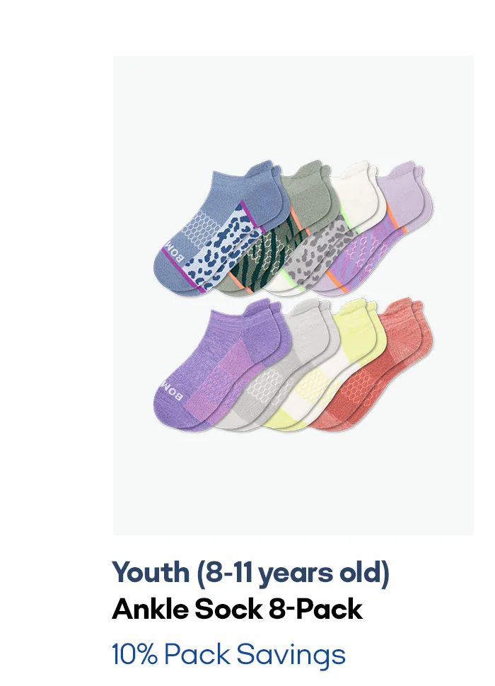 Youth (8-11 years old) Ankle Sock 8-Pack 10% Pack Savings