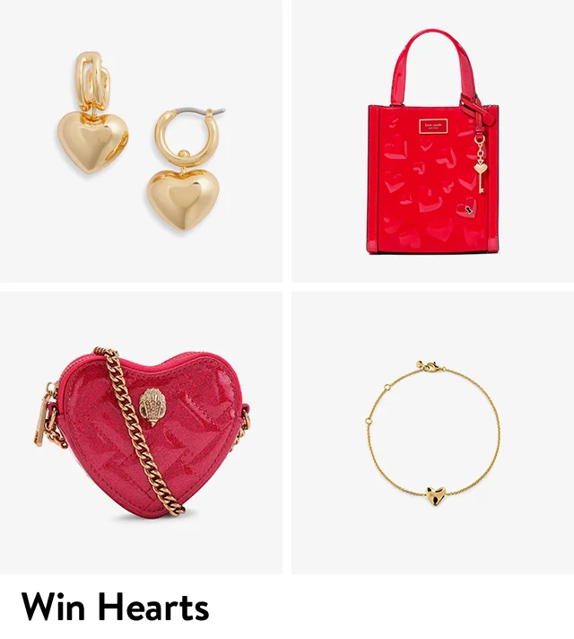 Heart earrings, a heart bracelet, a heart-shaped bag and a heart-printed tote.