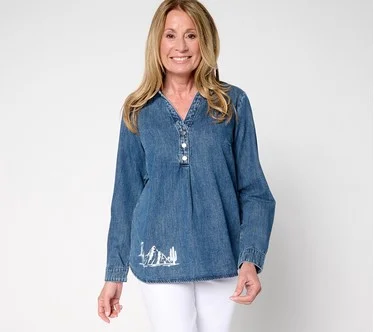 Denim & Co. Canyon Retreat 100% Cotton Placed Print Denim Shirt