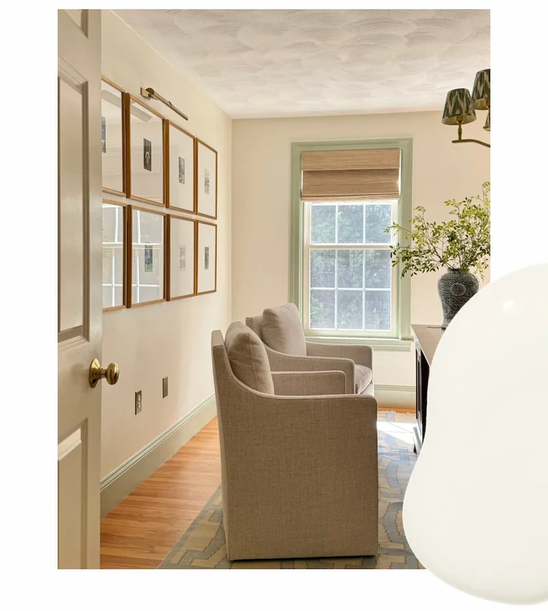 Home office painted in warm, bright white paint color Timeless