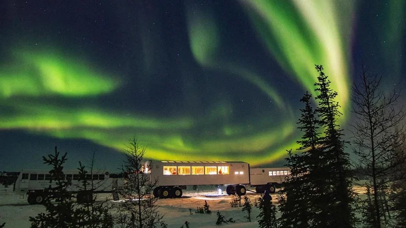 Image description: A roving snow vehicle underneath the northern lights during winter.