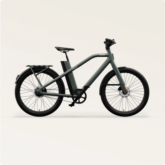 Side view of the Cowboy Cross e-bike in Moss, featuring a sturdy frame and a rear cargo rack for added utility.
