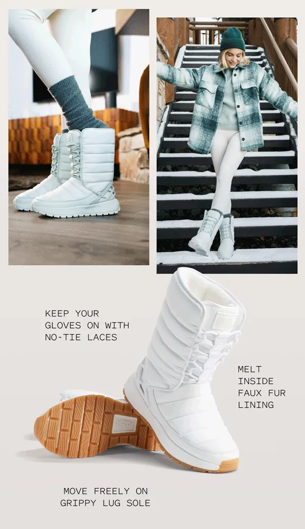 Juno - Keep your gloves on with no-tie laces. Melt inside faux fur lining. Move freely on grippy lug sole.