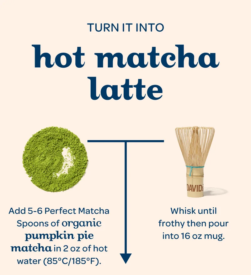 Turn into: Hot matcha latte - Step 1: Add 5-6 Perfect Matcha Spoons of Organic Pumpkin Pie Matcha in 2 oz of hot water (85°C/185°F). - Step 2: Whisk until frothy then pour into 16 oz mug.