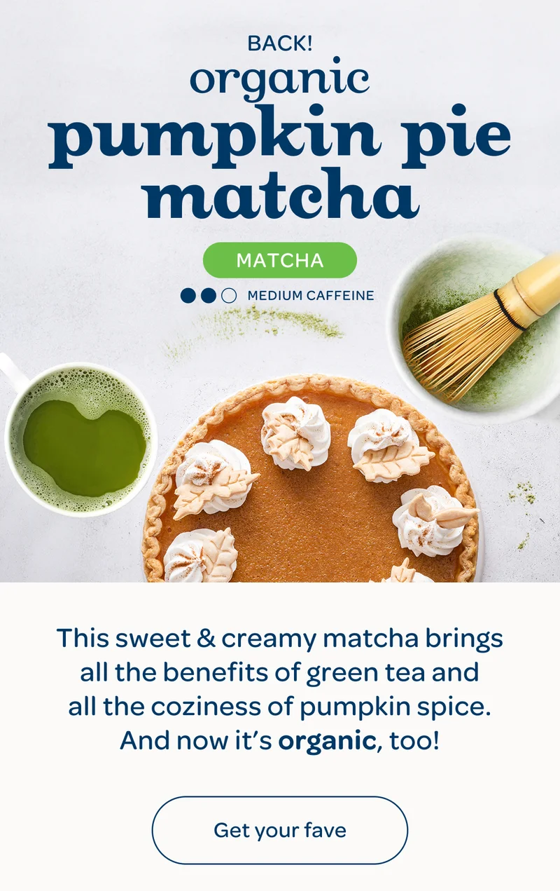 Back! Organic pumpkin pie - This sweet & creamy matcha brings all the benefits of green tea and all the coziness of pumpkin spice. And now it’s organic, too! - Get your fave