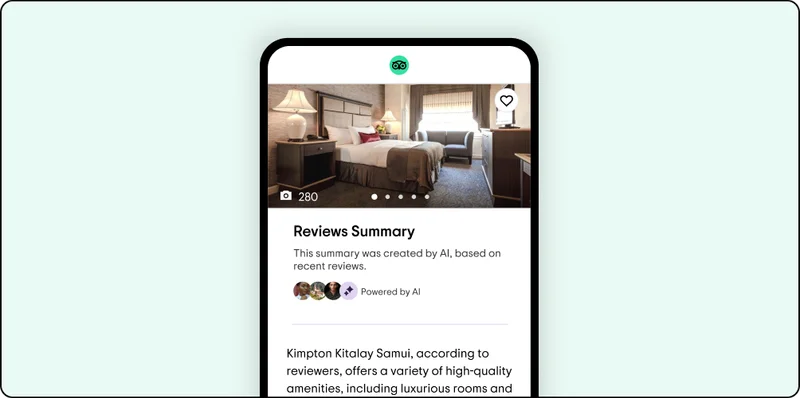 Image Description: Phone screen shows a hotel listing page with a photo of the hotel room at the top and a review summary section down below.