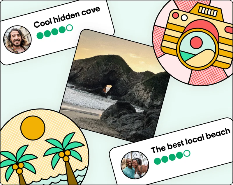 Image Description: Collage of graphics showing a photo of a cave by the ocean, two badges, and two review snippets with bubble ratings and an avatar next to each.