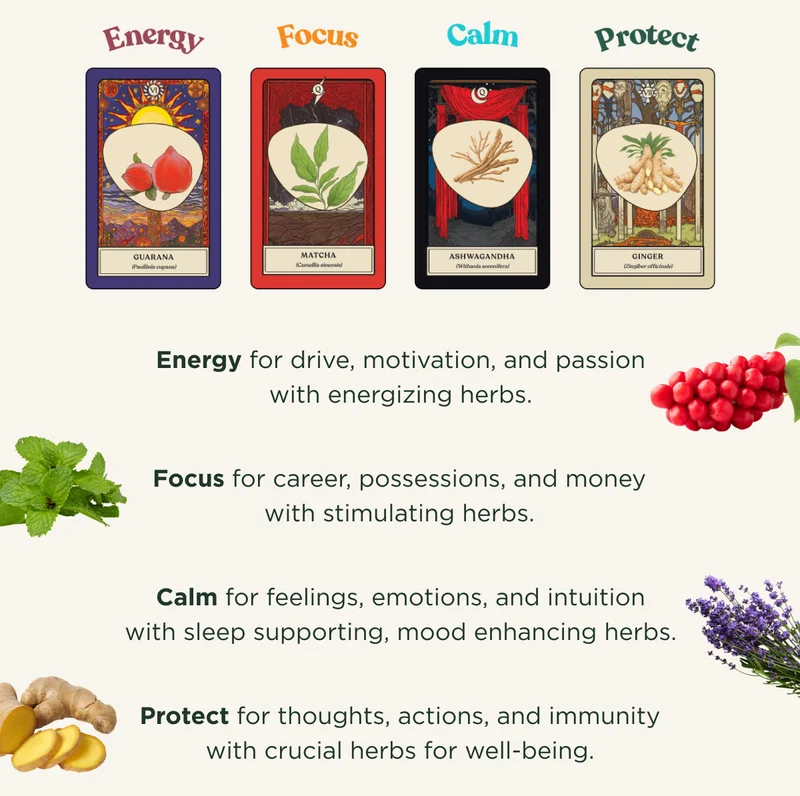 Energy for drive, motivation, and passion with energizing herbs. Focus for career, possessions, and money with stimulating herbs. Calm for feelings, emotions, and intuition with sleep supporting, mood enhancing herbs. Protect for thoughts, actions, and immunity with crucial herbs for well-being.
