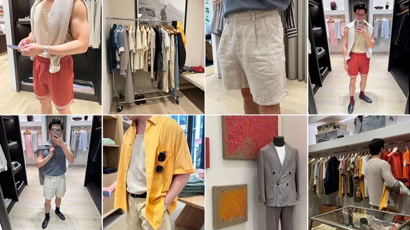 A collage of images from GQ editor Tyler Chin's visit to Banana Republic.