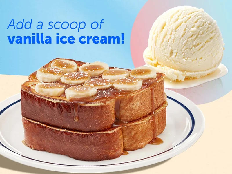 Bananas Foster French Toast on a plate, with an inset picture of a scoop of vanilla ice cream.