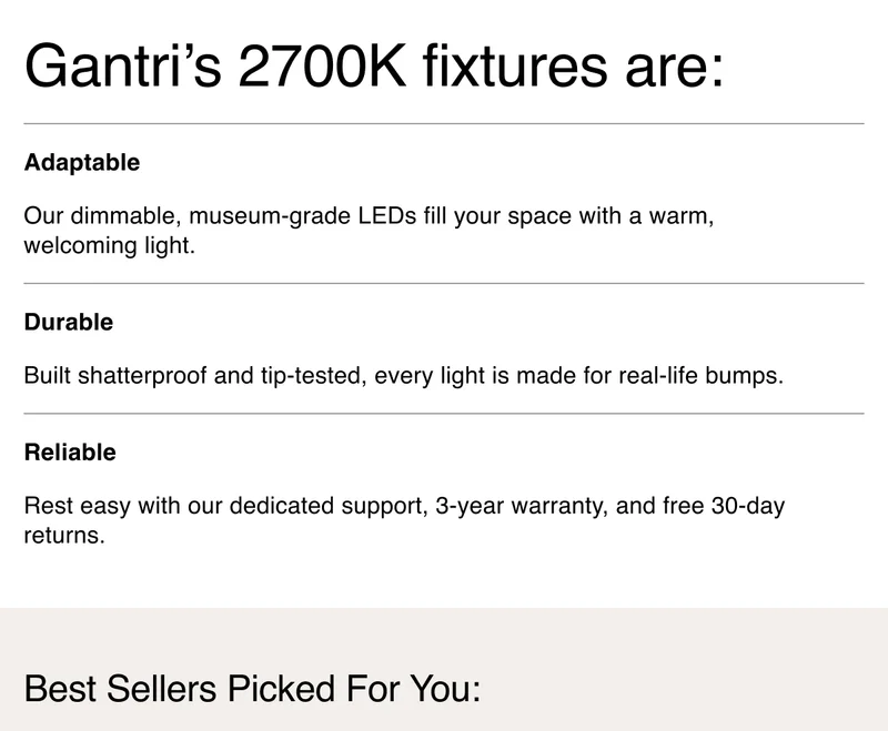 Gantri’s 2700K fixtures are: