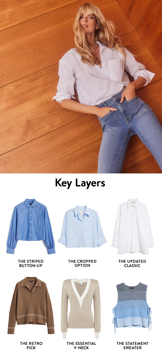 A woman wearing a white button-up shirt and blue jeans. A striped button-up shirt, a cropped button-up shirt, a white button-up shirt, a collared sweater, a V-neck sweater and a sleeveless color-blocked sweater.