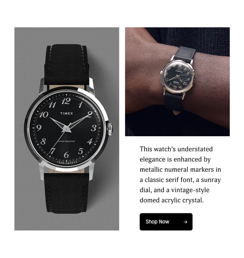 This watch's understated elegance is enhanced by metallic numeral markers in a classic serif font, a sunray dial, and a vintage-style domed acrylic crystal. | Shop Now
