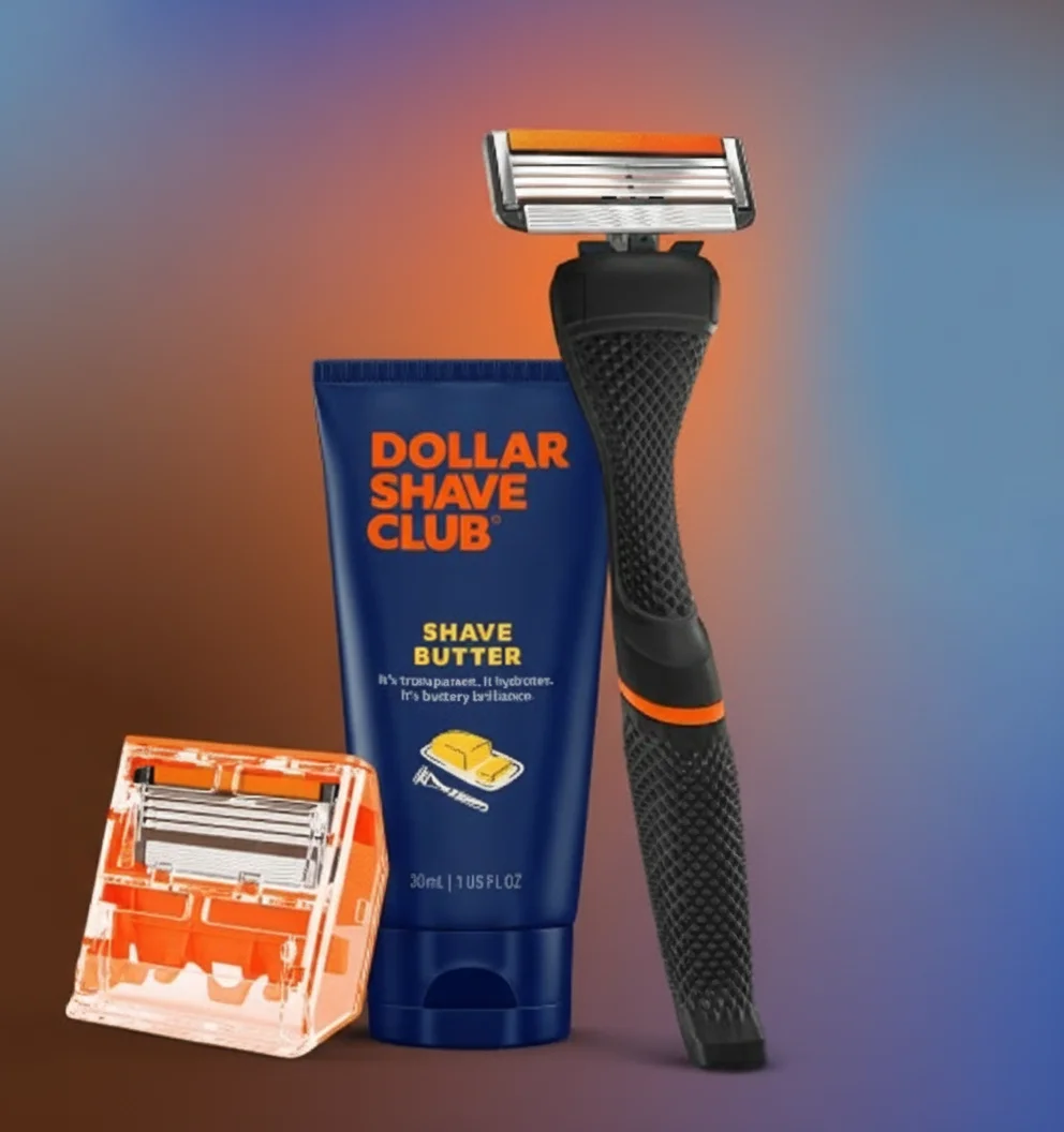 Dollar Shave Club razor and shave butter on a gradient background.