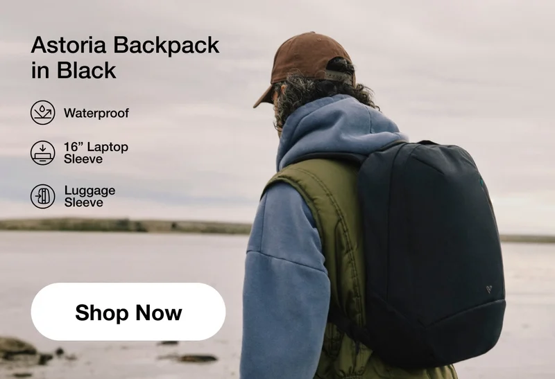 Astoria Backpack in Black. Waterproof, 16" Laptop Sleeve, Luggage Sleeve. Shop Now.