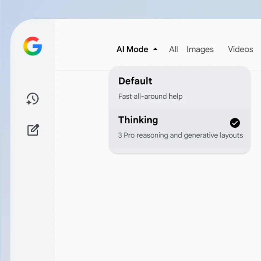 Google Search AI Mode menu, 'Thinking' option selected.