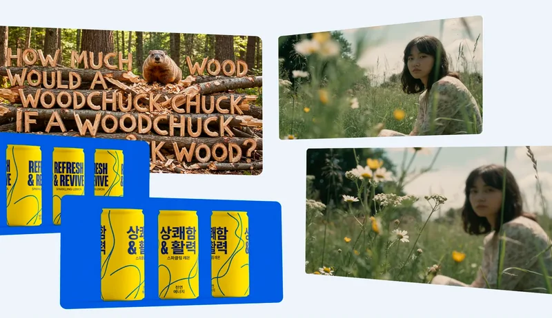 Woodchuck, branded beverage cans, and woman in floral dress in sunny wildflower field.