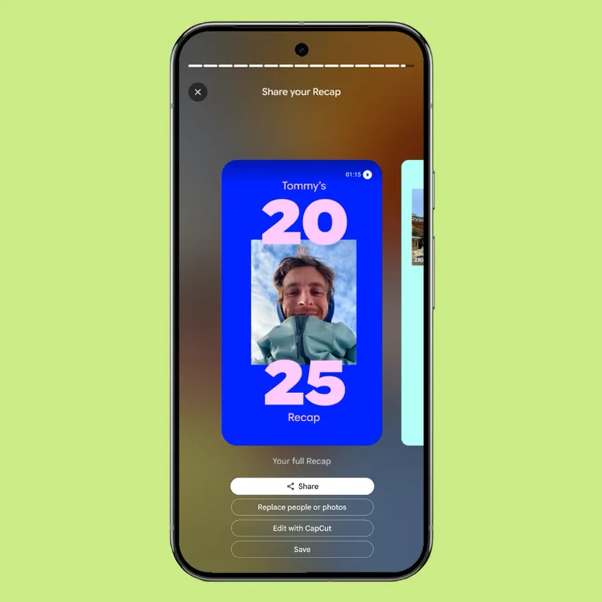 Smartphone screen: 'Tommy's 20 25 Recap' video preview with smiling man's photo and edit options.