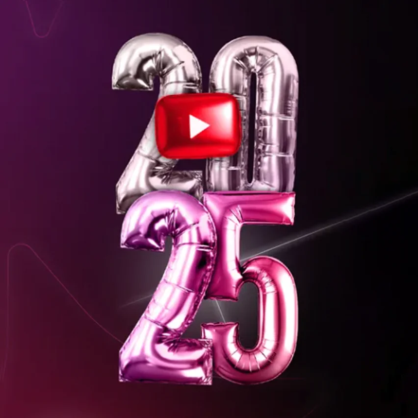 Metallic 2025 balloons (silver/pink) with a centered red YouTube play button icon.