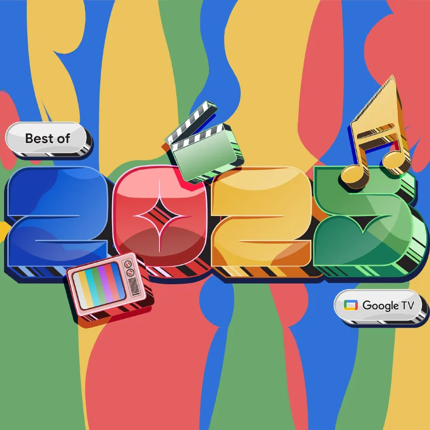 Stylized '2025' graphic with colorful entertainment icons and 'Best of Google TV' text.