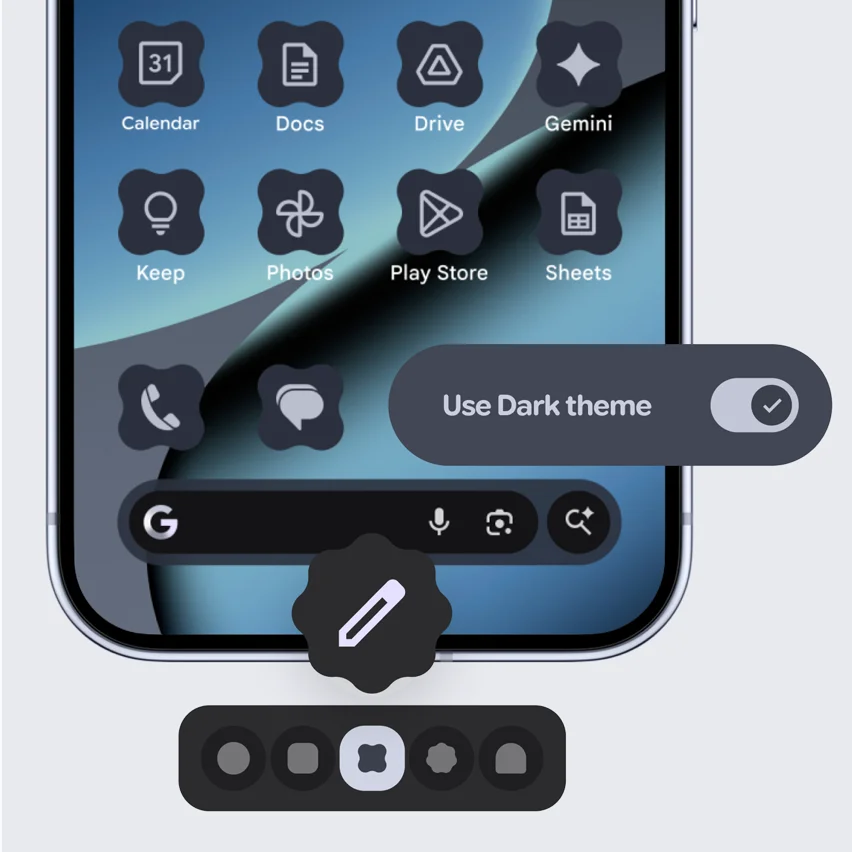Apps on blue wallpaper, Dark theme enabled, flower icon shape selected.