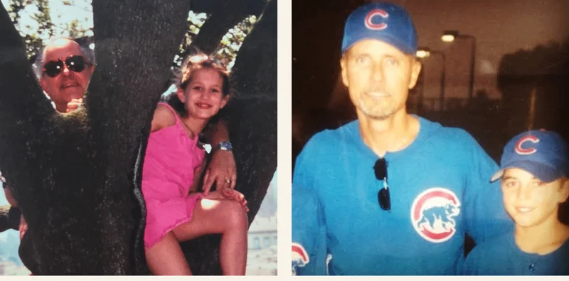 smiling dad and daughter climbing tree. dad and son dressed in baseball uniforms excited for the big game.